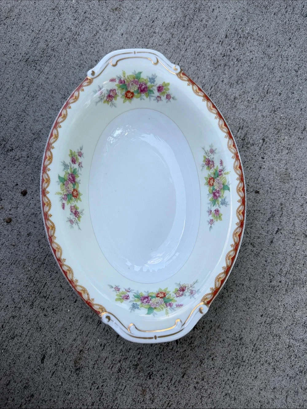 Decorative Porcelain Serving Platter with Pink Floral Accents and Gold Trim